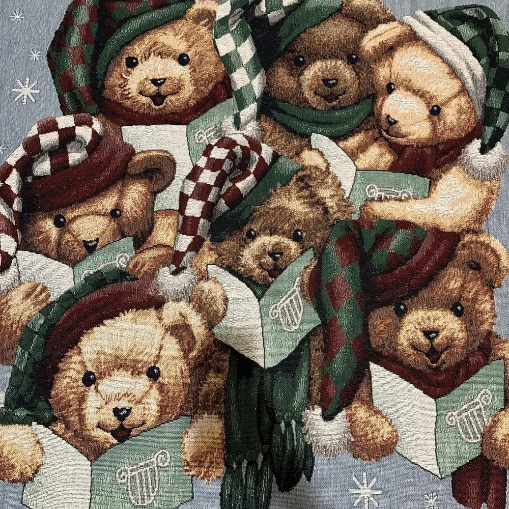 VTG Tapestry Sofa Throw Blanket‎ Christmas Teddy Bears Caroling Fringe Mohawk